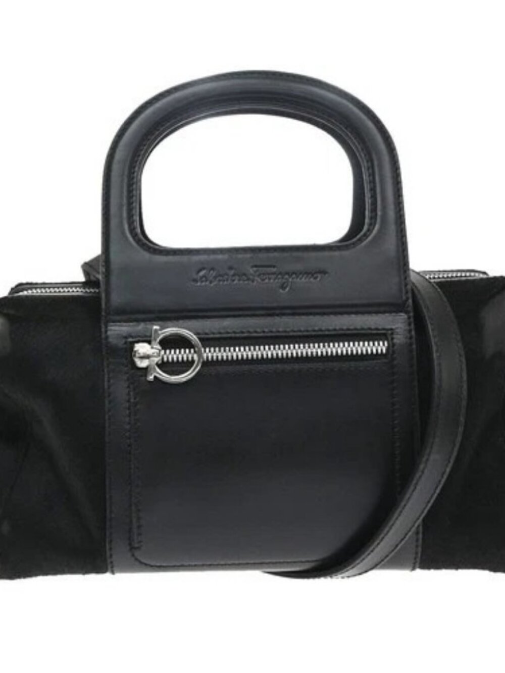 SALVATORE FERRAGAMO Gancini 2Way Hand Bag Fur Leather Black GHW Italy 05KD719